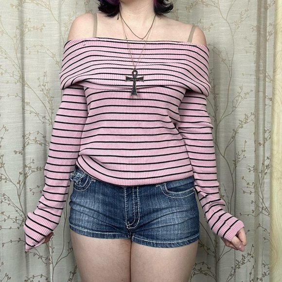 Pink Striped Off-Shoulder Sweater - Picture 2 of 5